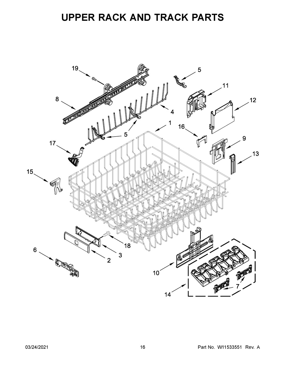 Upper Rack And Track Parts Diagram and Parts List for 66514815N613  Whirlpool Dishwasher