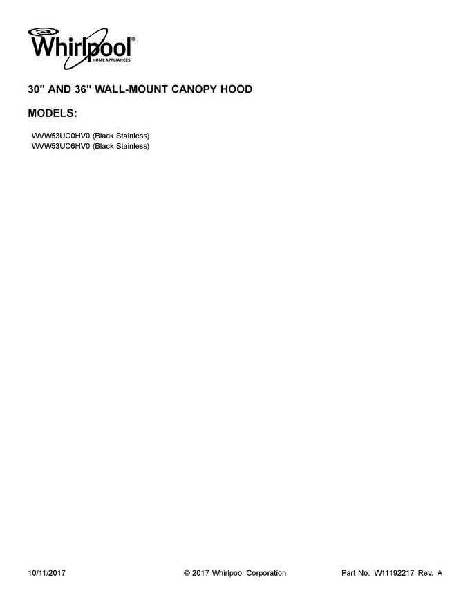 01 - Cover Sheet Diagram and Parts List for WVW53UC0HV0  Whirlpool Range Hood