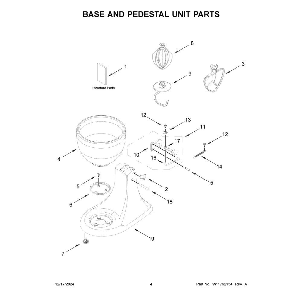 Base And Pedestal Unit Parts Diagram and Parts List for 5KSM180WSEEG6  KitchenAid Mixer