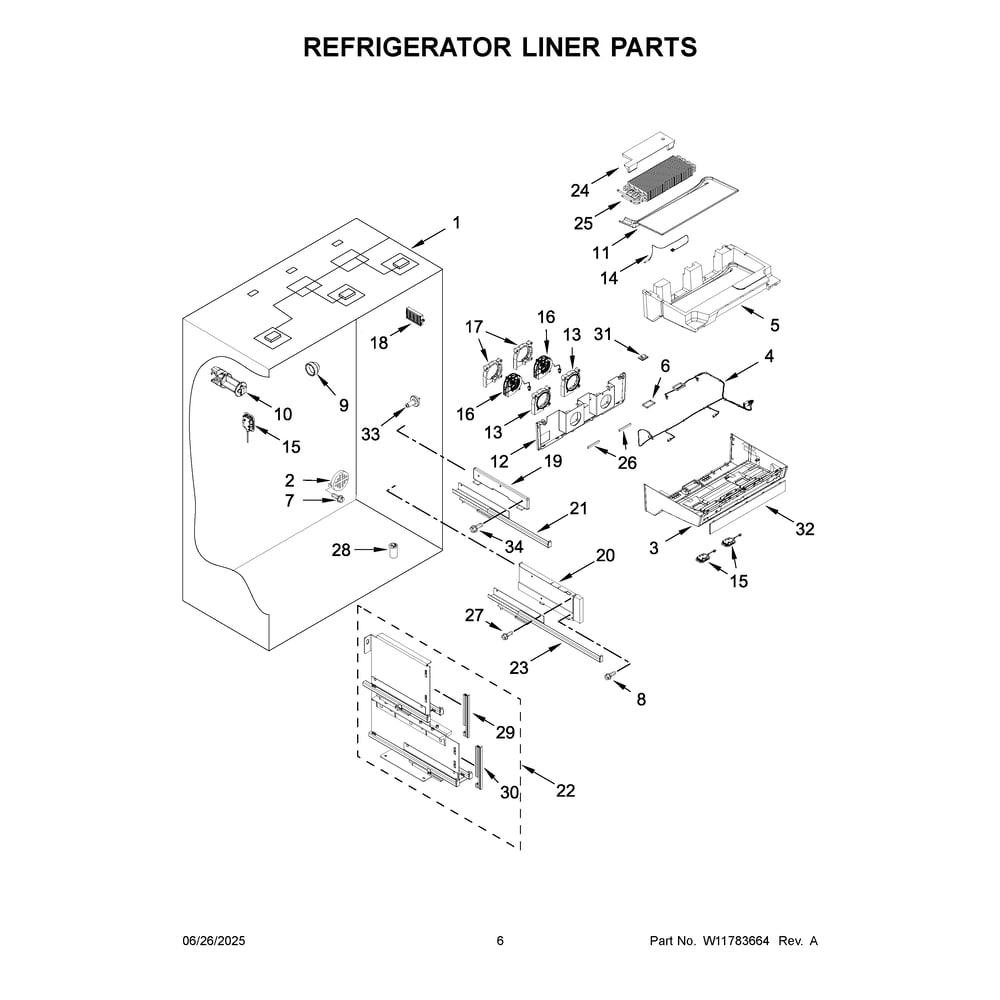 Refrigerator Liner Parts Diagram and Parts List for KBFN542SPS00  KitchenAid Refrigerator