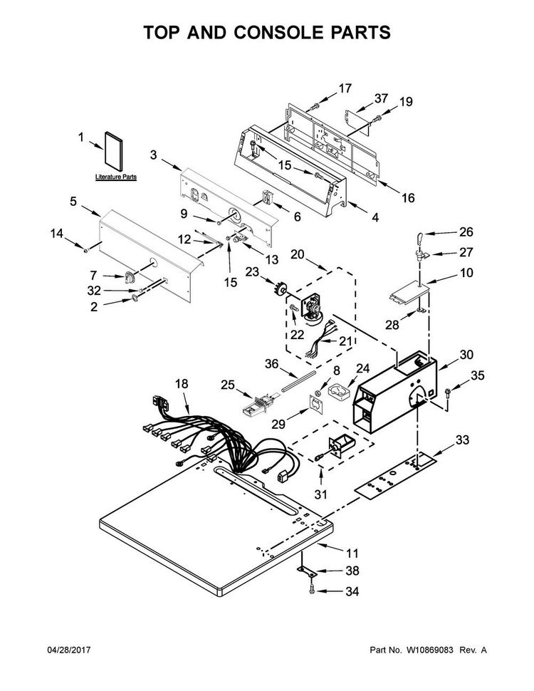 Top And Console Parts Diagram and Parts List for 11077022710  Kenmore Dryer