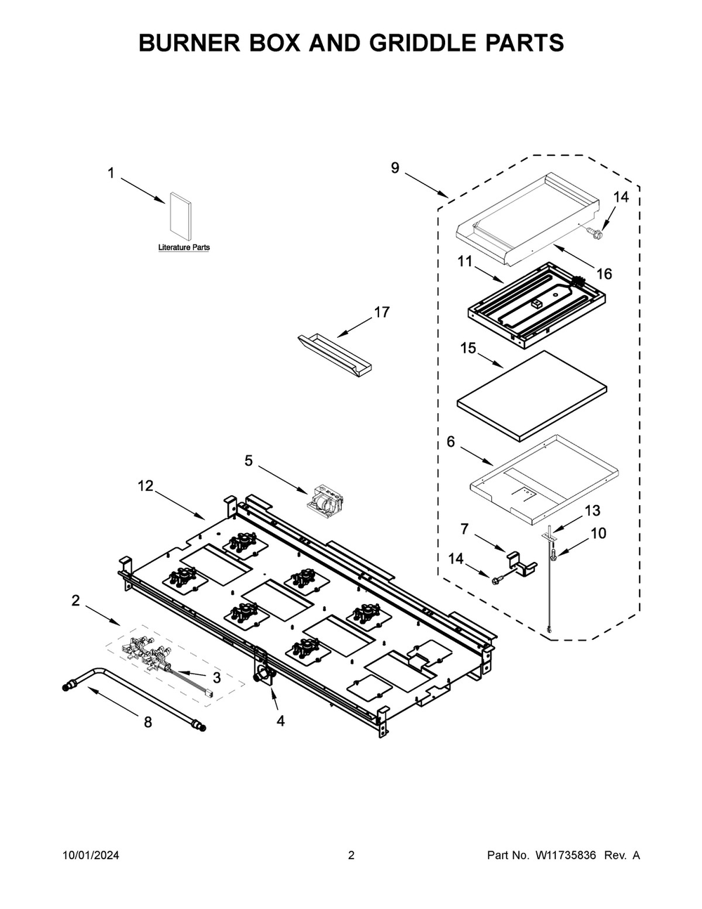 02 - Burner Box And Griddle Parts Diagram and Parts List for KFGC558JPA07  Whirlpool Range