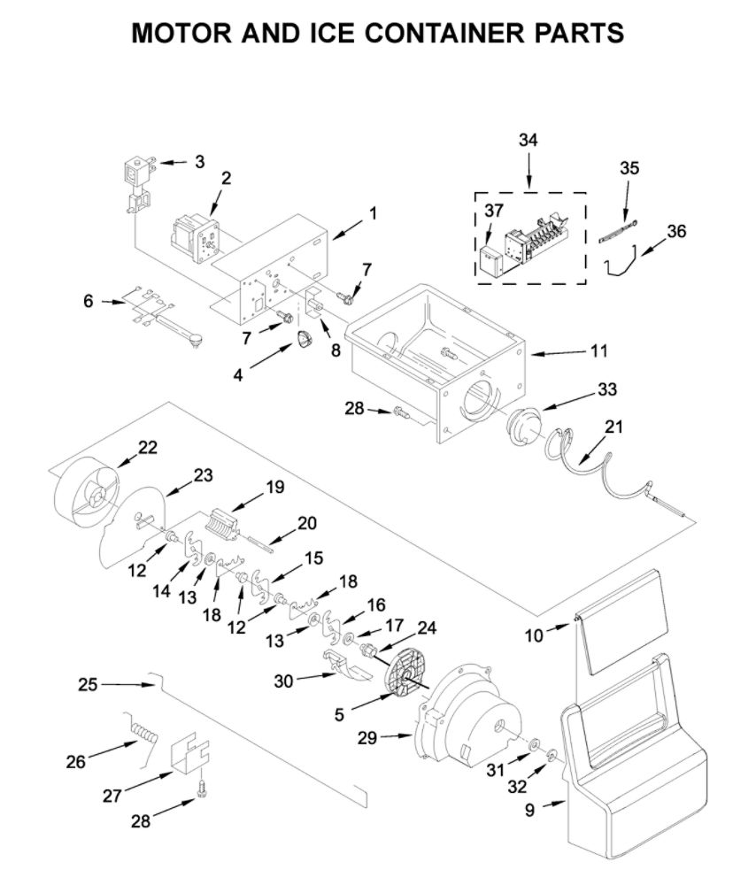 Motor And Ice Container Parts Diagram and Parts List for 10650049714  Kenmore Refrigerator