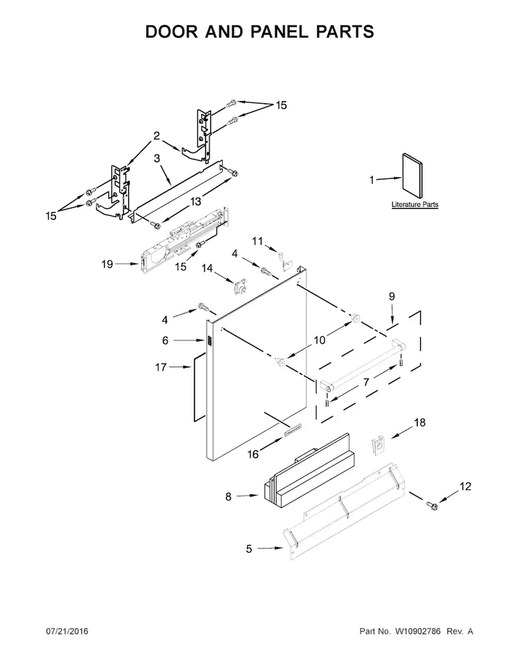 Door And Panel Parts Diagram and Parts List for KDTM404EWH2  KitchenAid Dishwasher