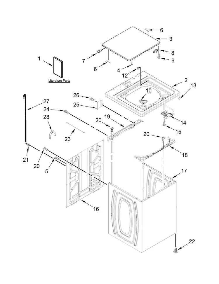 Top And Cabinet Parts Diagram and Parts List for 1CWTW4815EW0  Whirlpool Washer