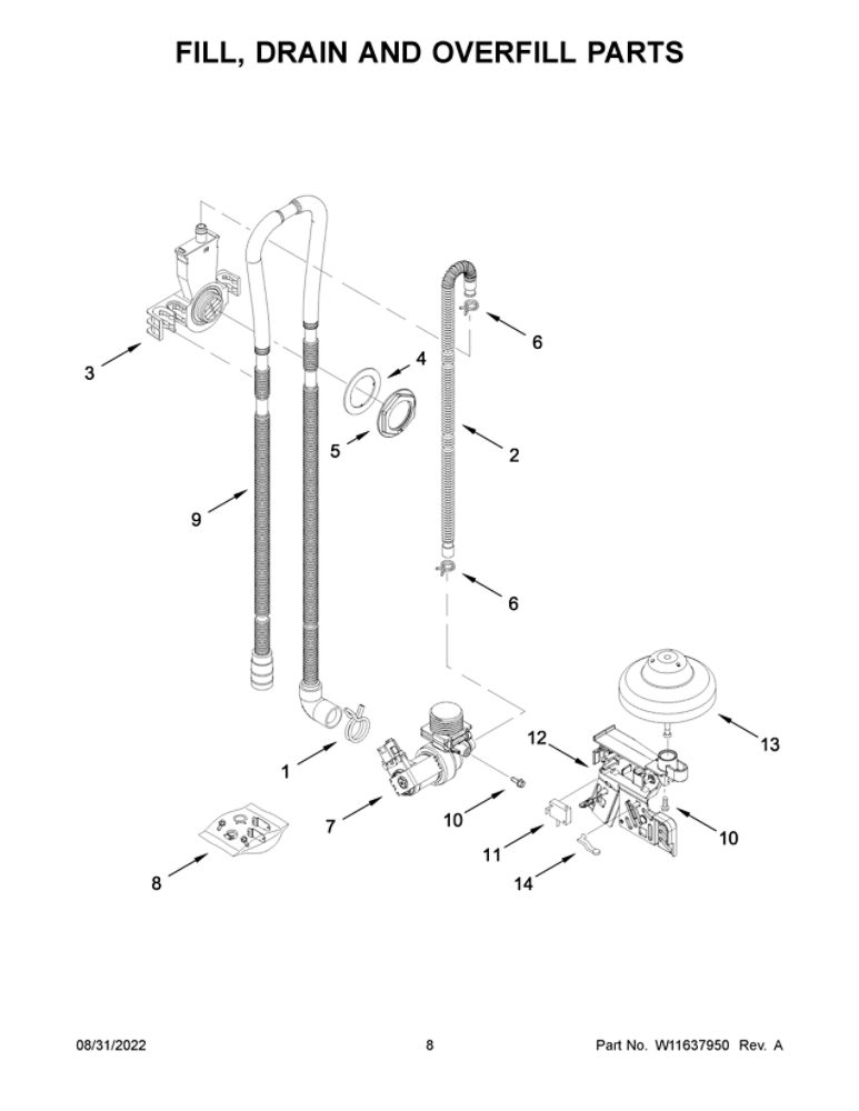 Fill, Drain And Overfill Parts Diagram and Parts List for WDF331PAMB0  Whirlpool Dishwasher