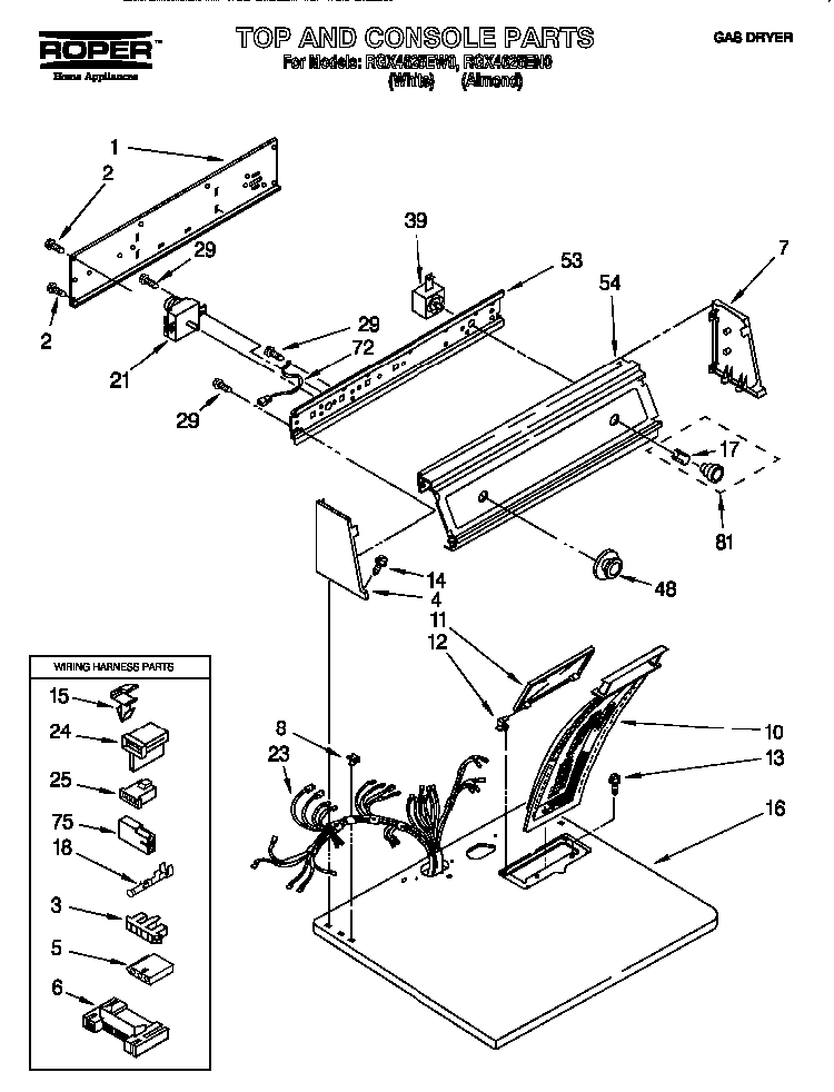 Top And Console Diagram and Parts List for RGX4624EN0  Roper Dryer