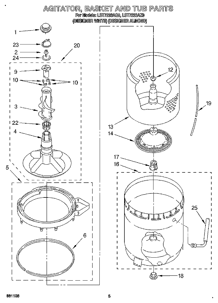 AGITATOR, BASKET AND TUB Diagram and Parts List for LST7233AQ0  Whirlpool Washer