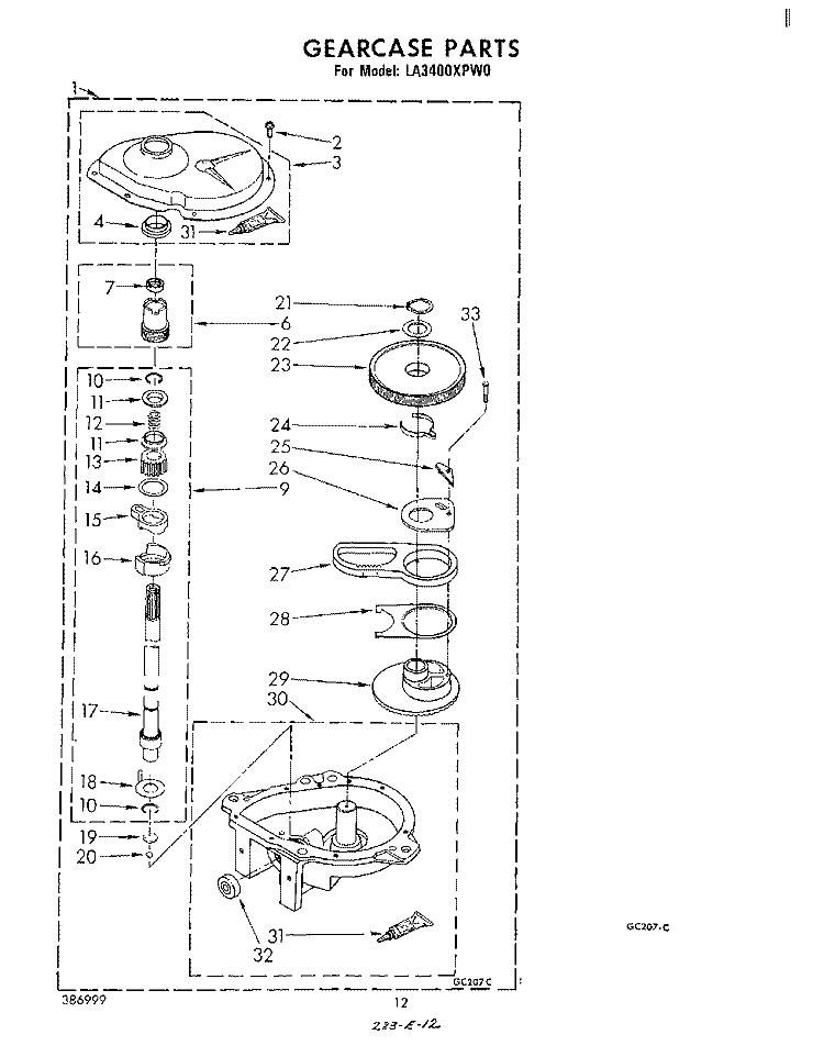 GEARCASE Diagram and Parts List for LA3400XPW0  Whirlpool Washer