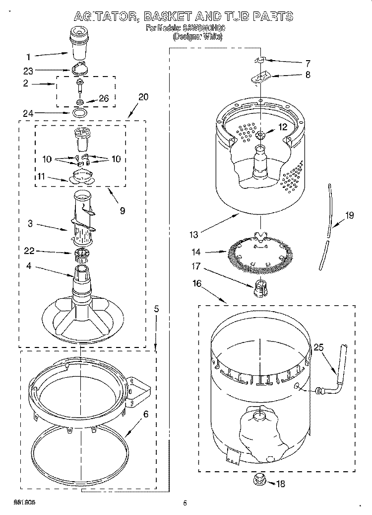 AGITATOR, BASKET AND TUB Diagram and Parts List for SAWS800HQ0  Whirlpool Washer