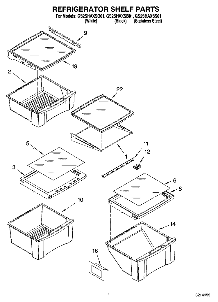 REFRIGERATOR SHELF PARTS Diagram and Parts List for GS2SHAXSQ01  Whirlpool Refrigerator
