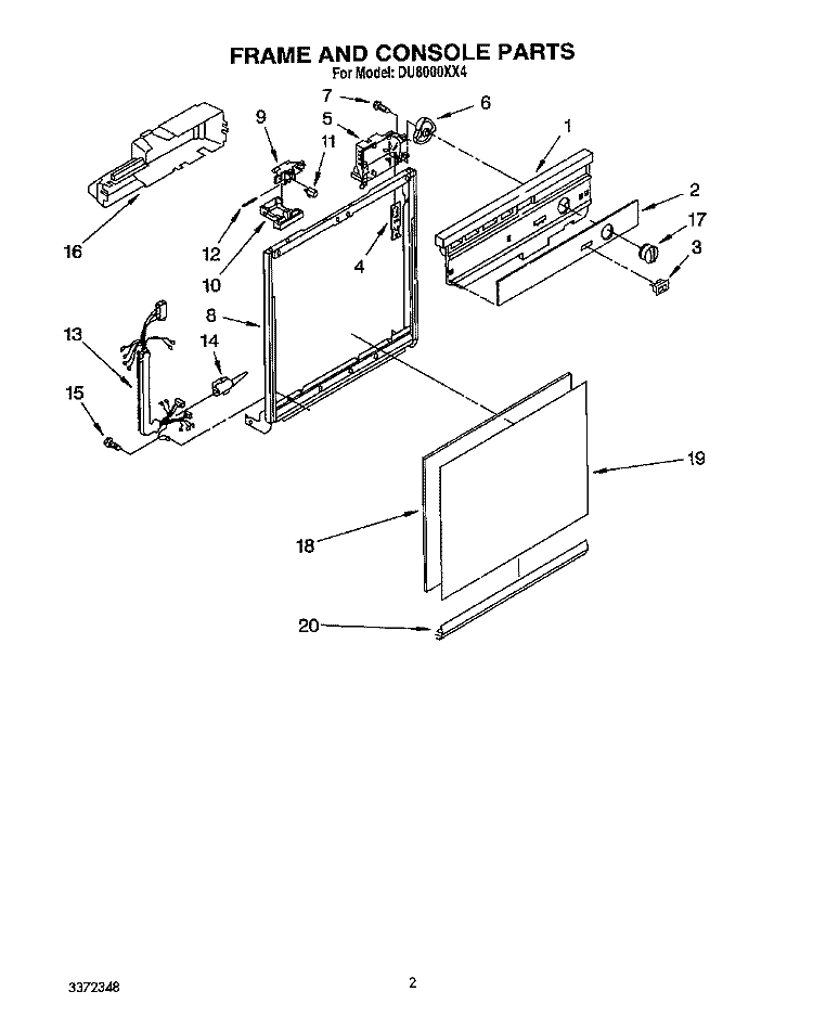 FRAME AND CONSOLE Diagram and Parts List for DU8000XX4  Whirlpool Dishwasher