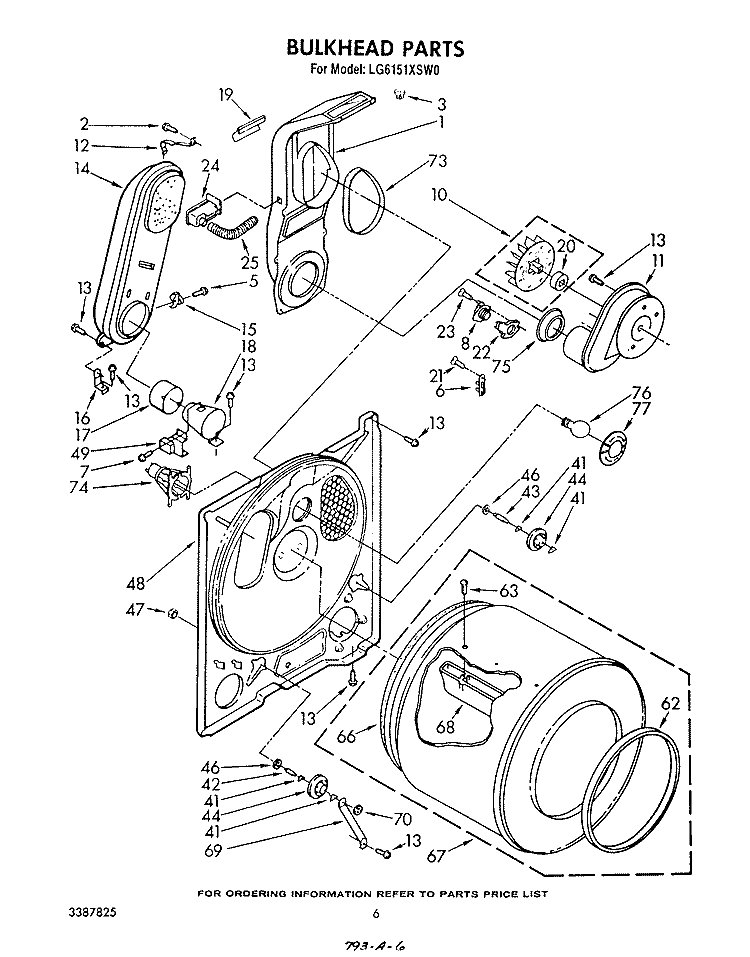 BULKHEAD Diagram and Parts List for LG6151XSW0  Whirlpool Dryer