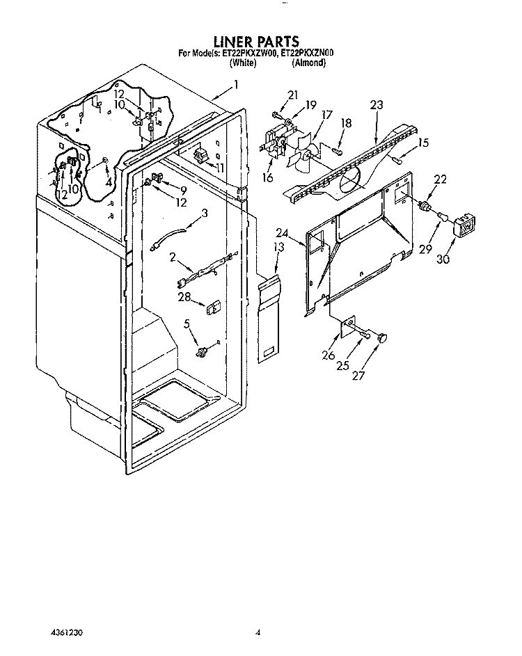 LINER Diagram and Parts List for ET22PKXZW00  Whirlpool Refrigerator