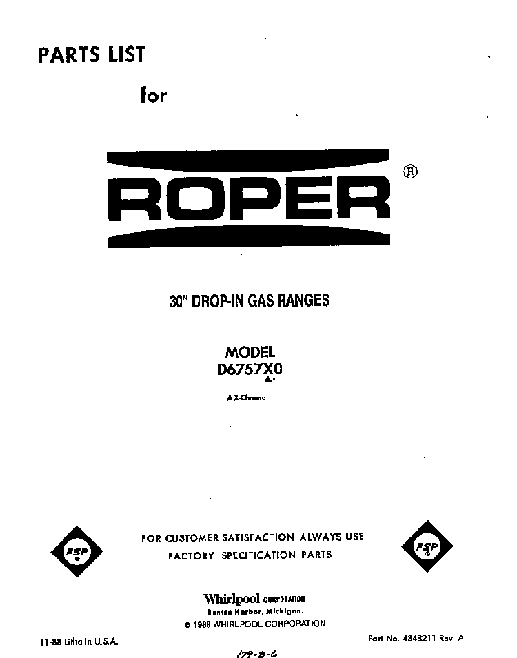 Front Cover Diagram and Parts List for D6757*0  Roper Range