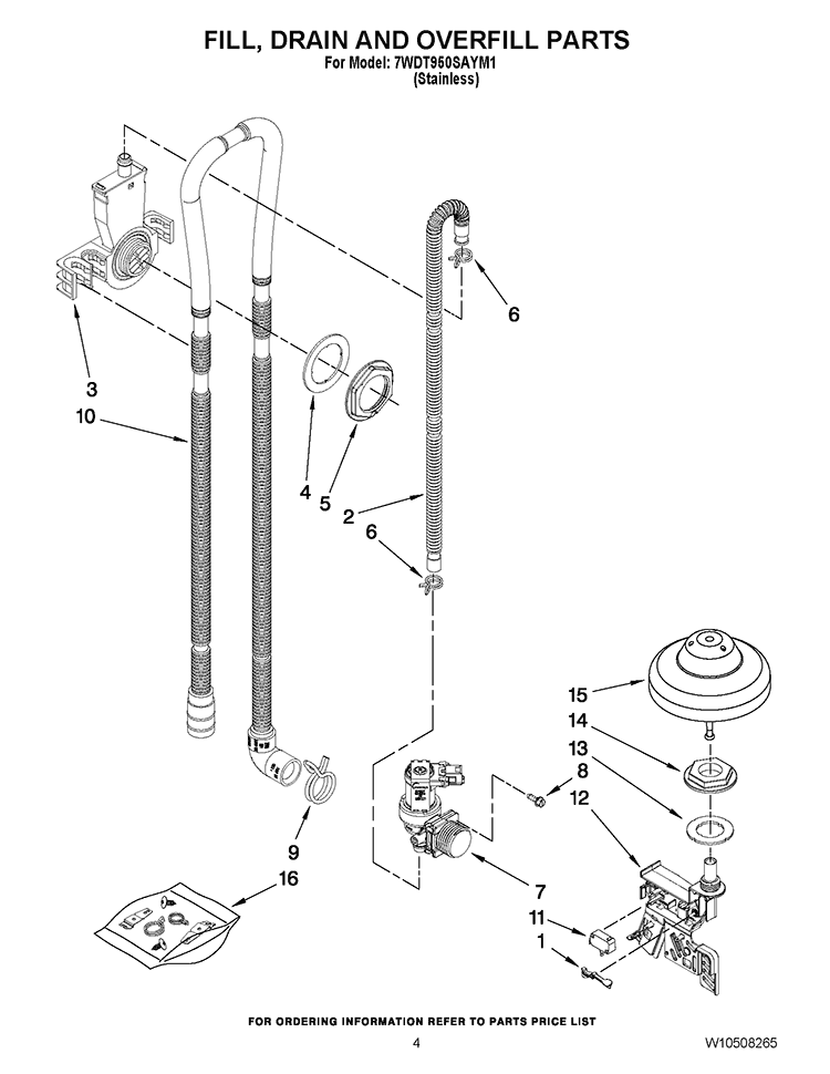 FILL, DRAIN AND OVERFILL PARTS Diagram and Parts List for 7WDT950SAYM1  Whirlpool Dishwasher