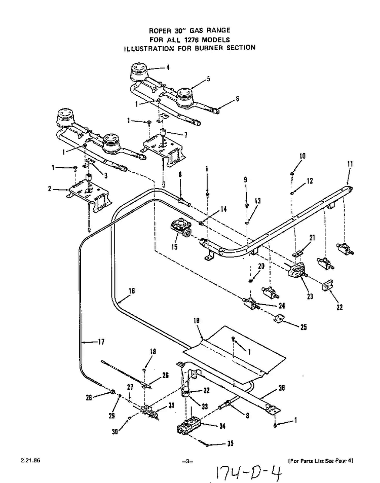 Burner Diagram and Parts List for 1276*0A  Roper Range