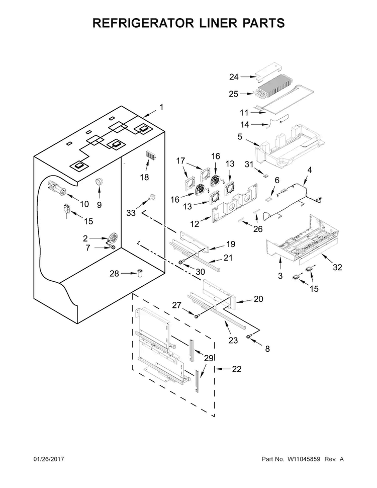 Refrigerator Liner Parts Diagram and Parts List for KBFN502EPA02  KitchenAid Refrigerator