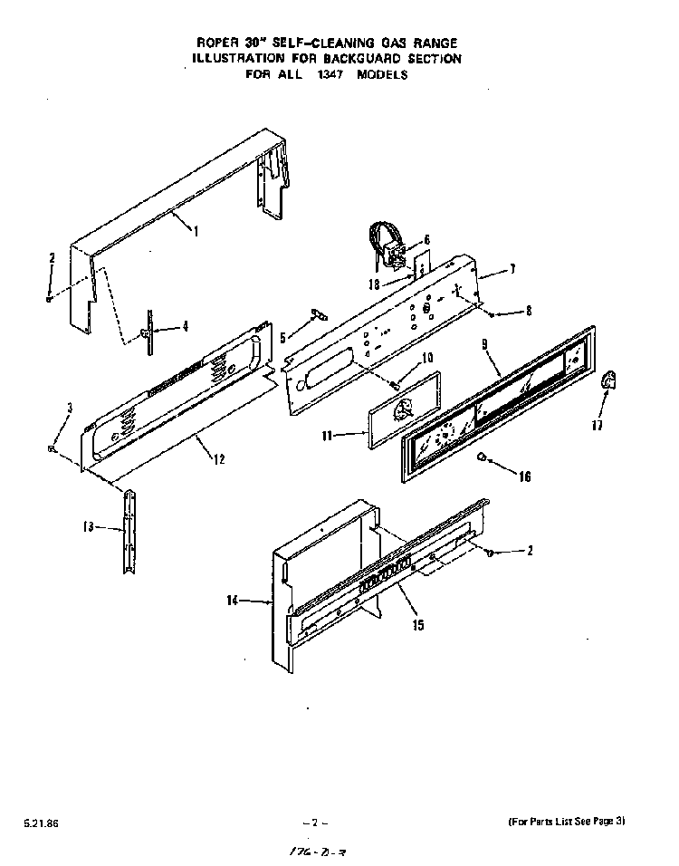 Backguard Diagram and Parts List for 1347*0A  Roper Range