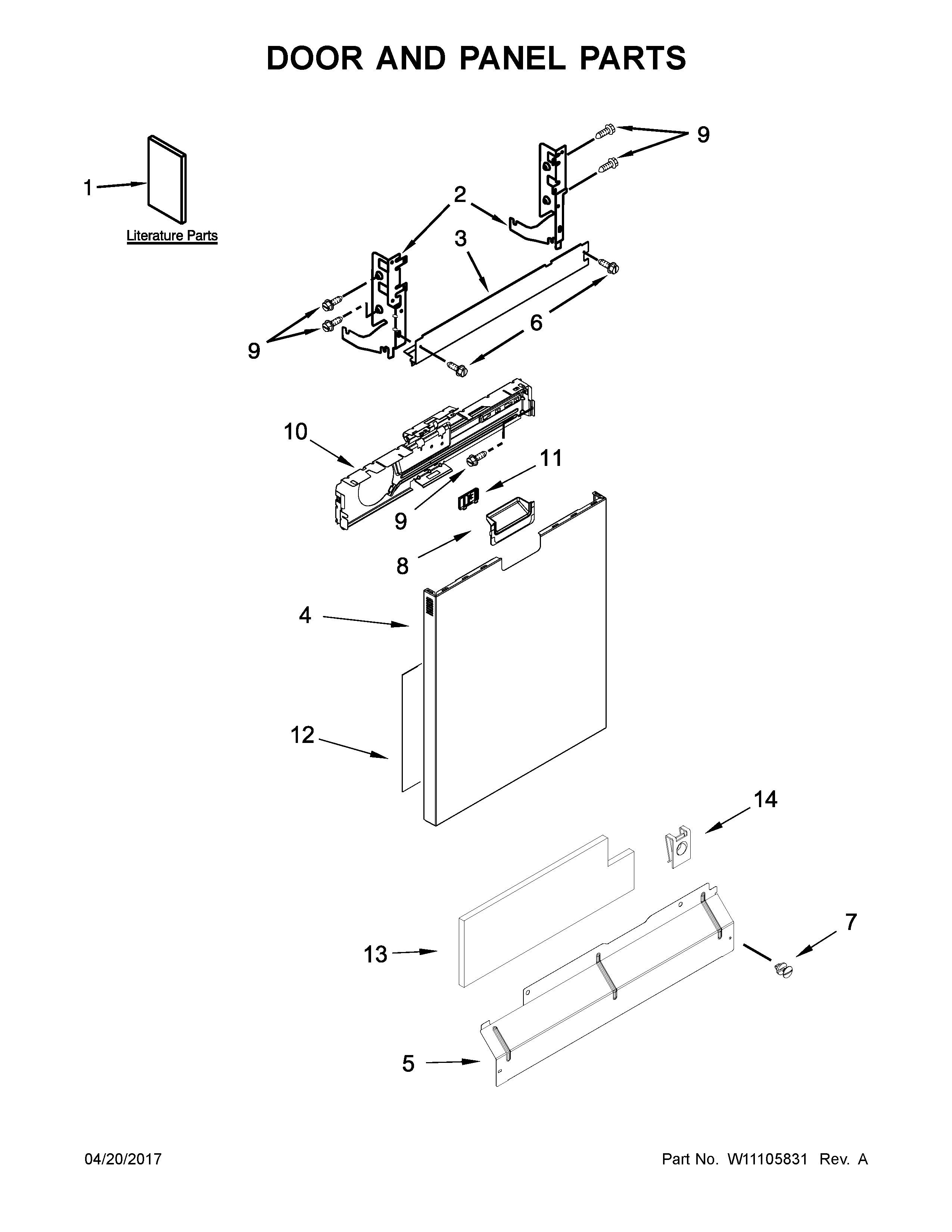Door And Panel Parts Diagram and Parts List for 66514529N611  Kenmore Dishwasher