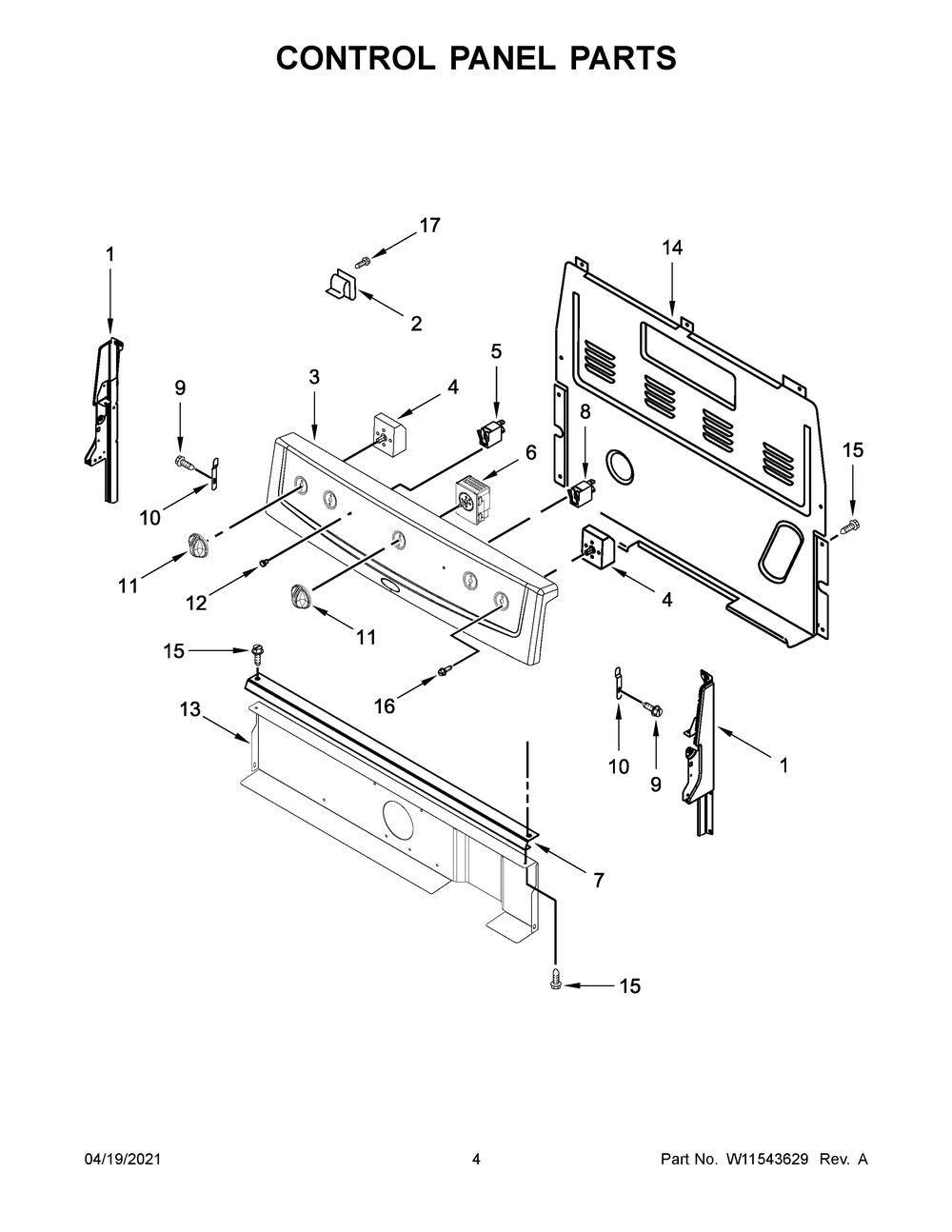 Control Panel Parts Diagram and Parts List for ACR2303MFW5  Whirlpool Range