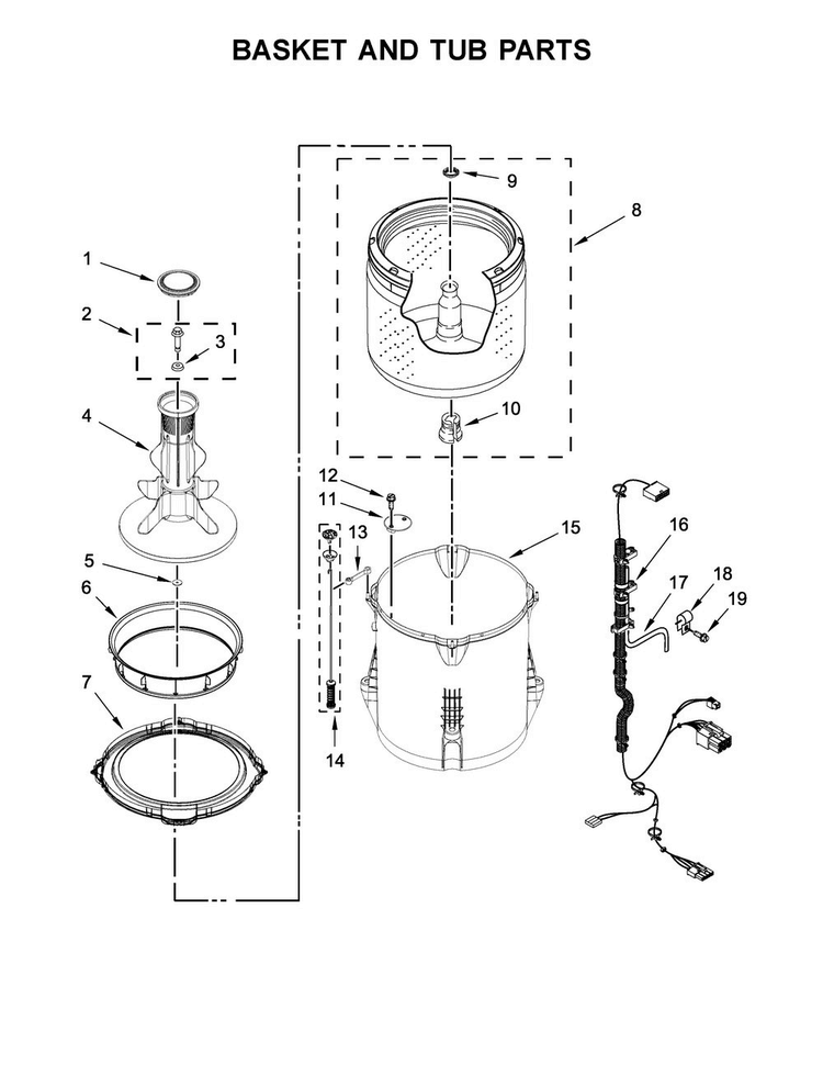Basket And Tub Parts Diagram and Parts List for CAE2795FQ0  Whirlpool Washer
