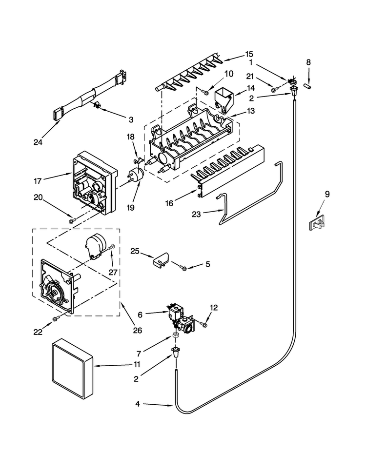 Icemaker Parts Diagram and Parts List for W8RXEGMWD02  Whirlpool Refrigerator