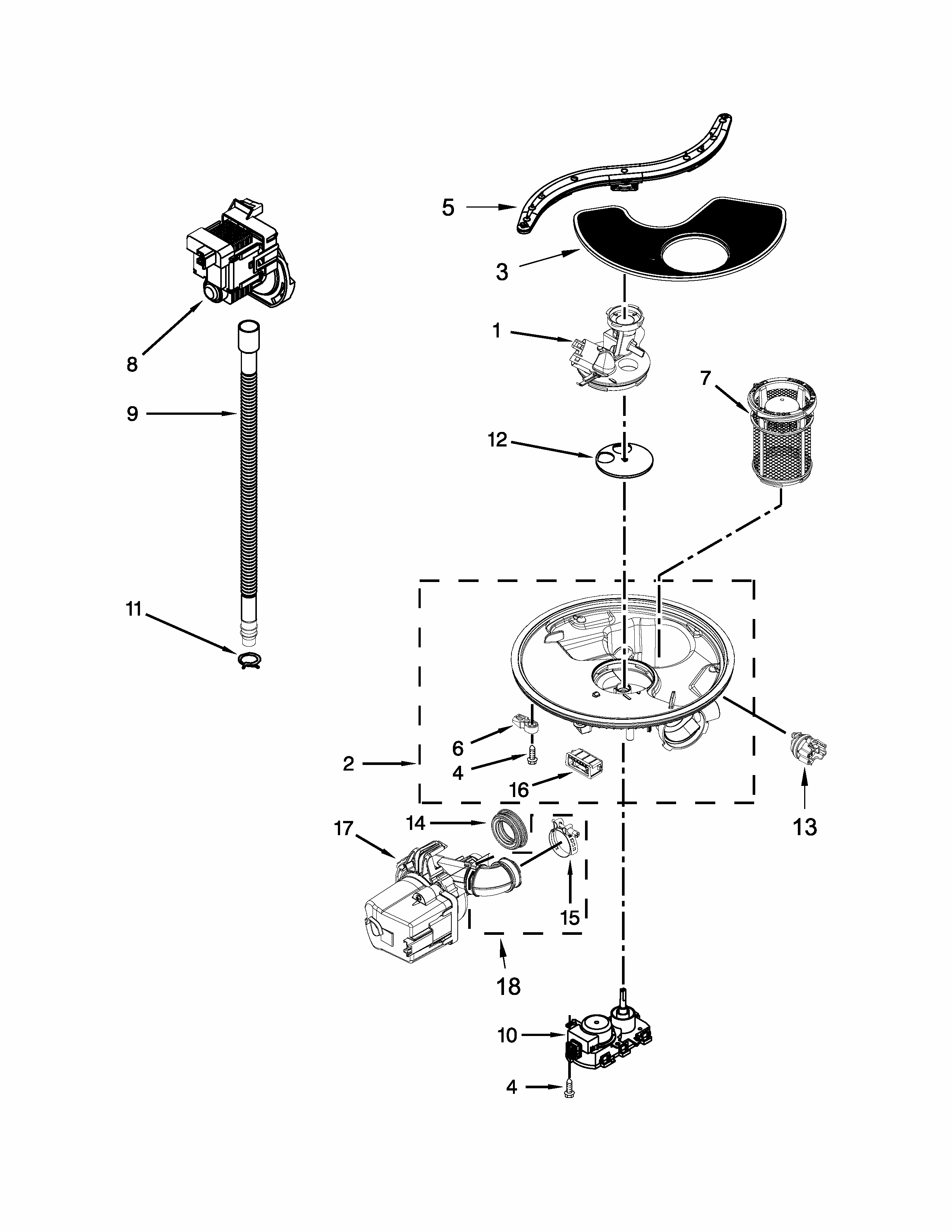 Pump, Washarm And Motor Parts Diagram and Parts List for 66513289K118  Kenmore Dishwasher