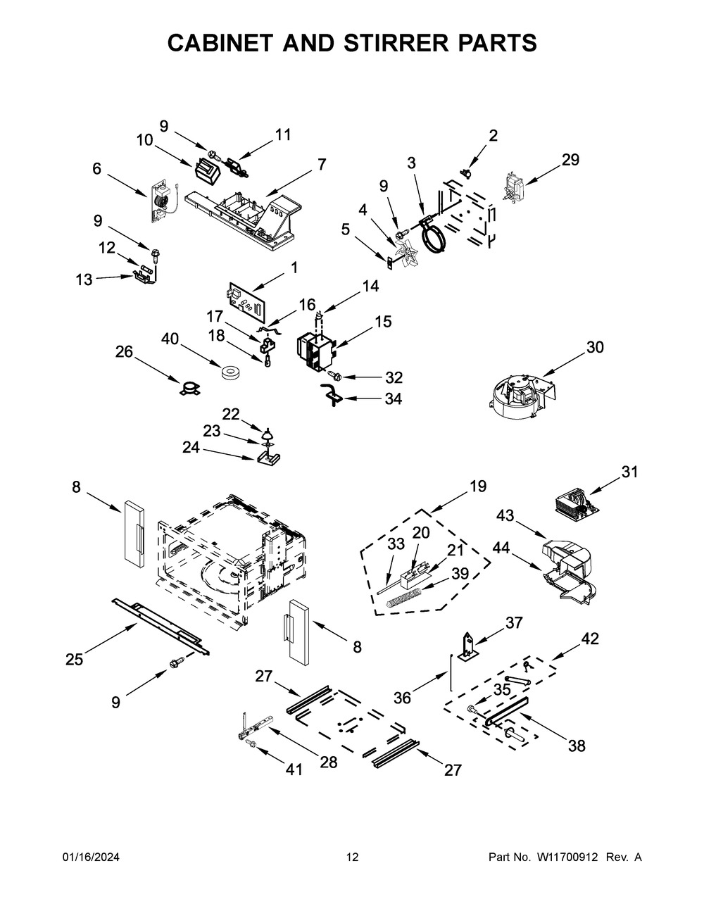 Cabinet And Stirrer Parts Diagram and Parts List for KOEC527PBS00  KitchenAid Microwave Oven Combo