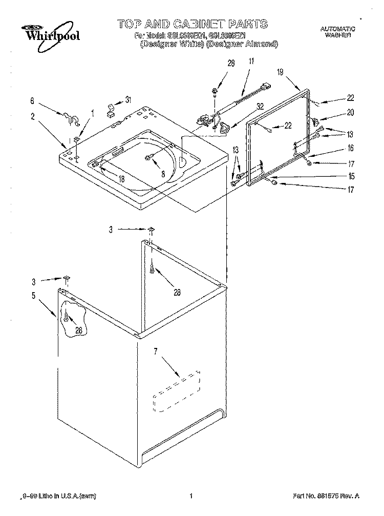 TOP AND CABINET Diagram and Parts List for GSL9365EQ1  Whirlpool Washer