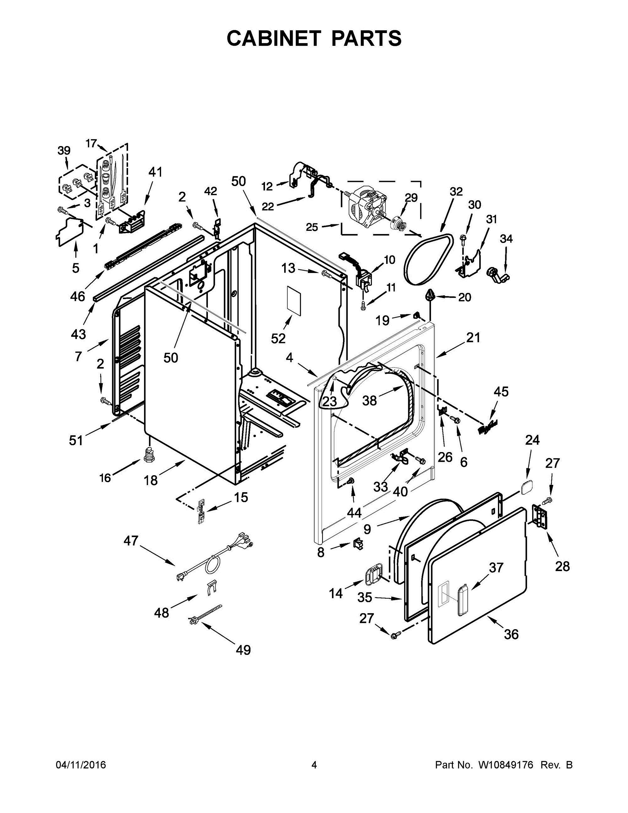 03 - CABINET PARTS Diagram and Parts List for YWED7300DW1  Whirlpool Dryer