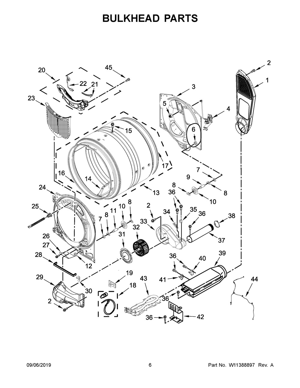 Bulkhead Parts Diagram and Parts List for WED9620HBK1  Whirlpool Dryer