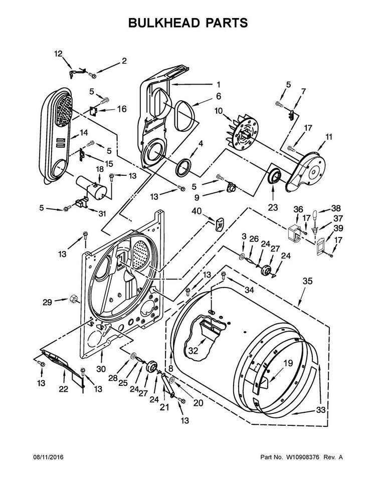 Bulkhead Parts Diagram and Parts List for 7MWGD1950EI1  Whirlpool Dryer