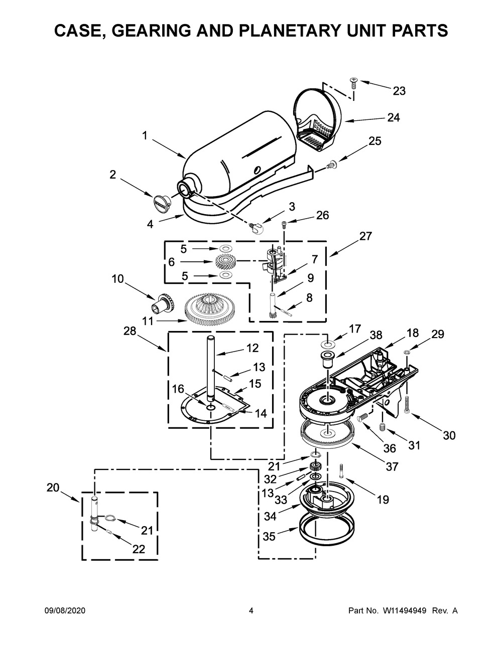Case, Gearing And Planetary Unit Parts Diagram and Parts List for KSM154GBQ4FT0  Whirlpool Mixer