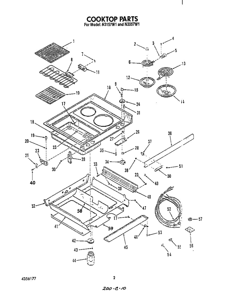Cook Top Diagram and Parts List for N3257*1  Roper Range
