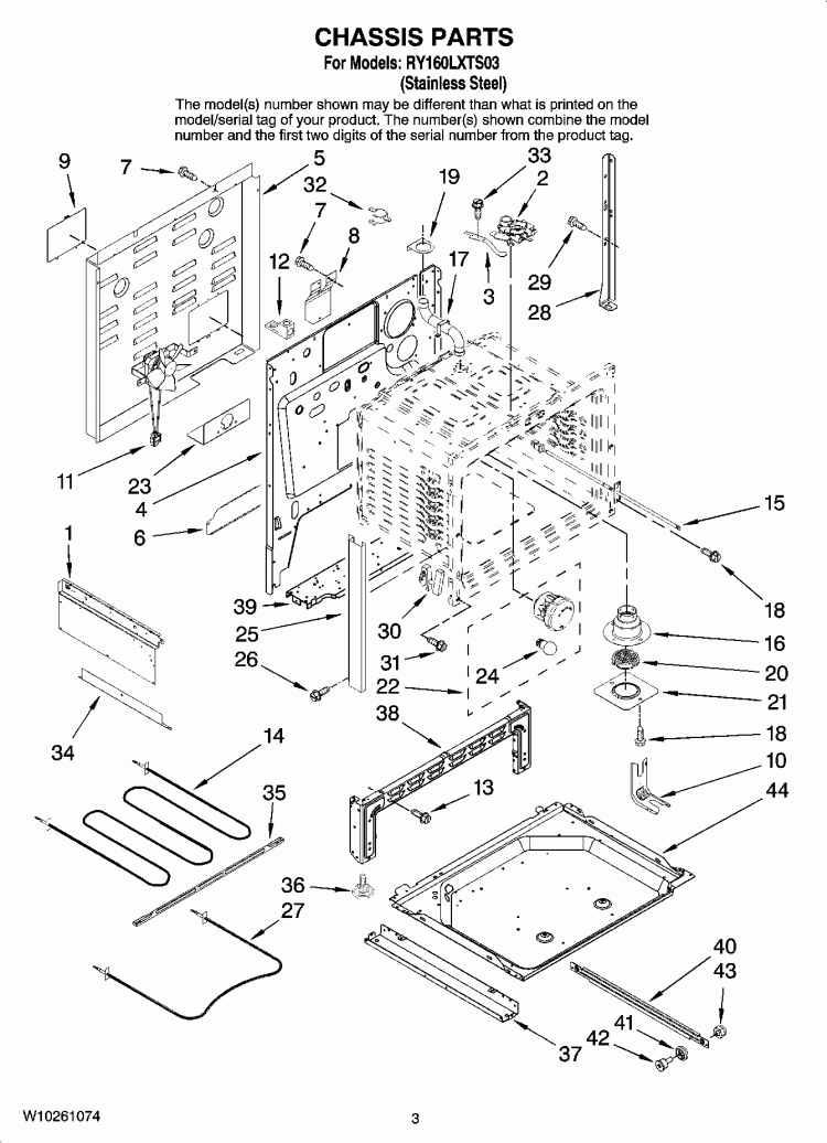 CHASSIS PARTS Diagram and Parts List for RY160LXTS03  Whirlpool Range
