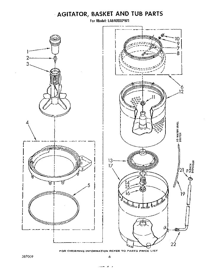 AGITATOR, BASKET AND TUB Diagram and Parts List for LA6400XPW1  Whirlpool Washer