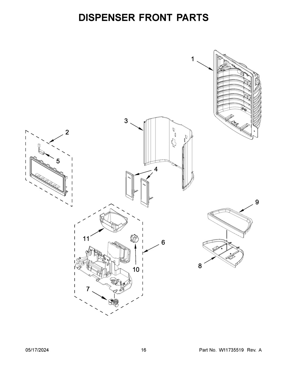 Dispenser Front Parts Diagram and Parts List for WRF555SDHW10  Whirlpool Refrigerator