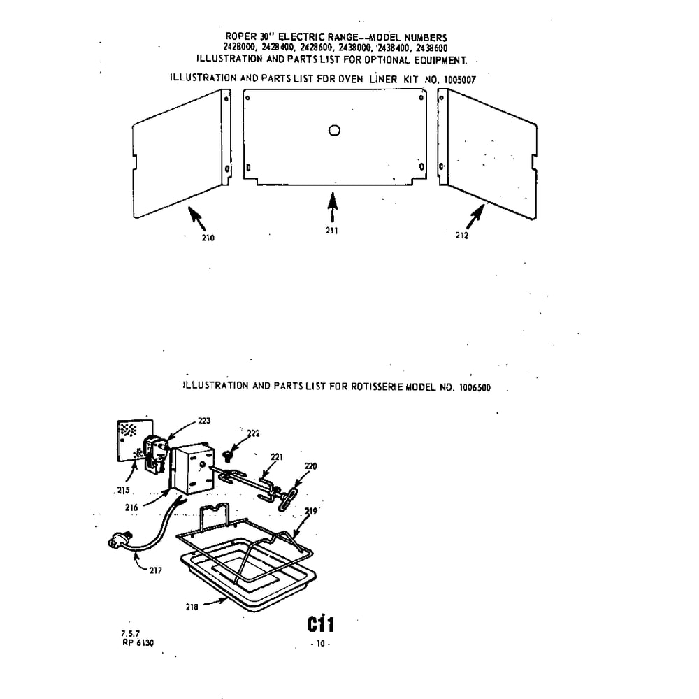 Oven Liner Kit Diagram and Parts List for 2428000  Roper Range