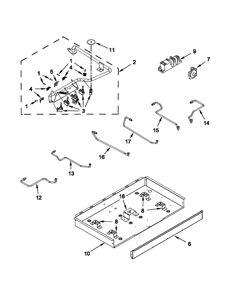 Burner Box, Gas Valves And Switch Parts Diagram and Parts List for WCG97US6DS00  Whirlpool Cooktop