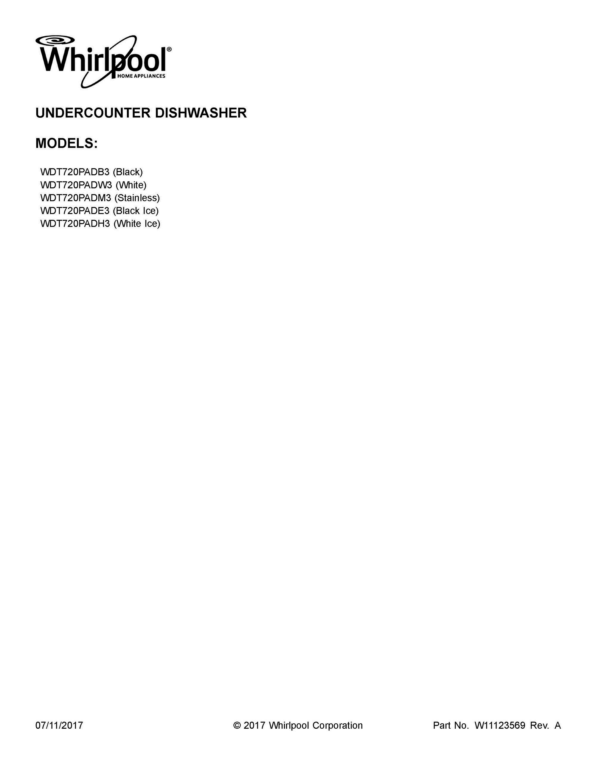 01 - COVER SHEET Diagram and Parts List for WDT720PADB3  Whirlpool Dishwasher