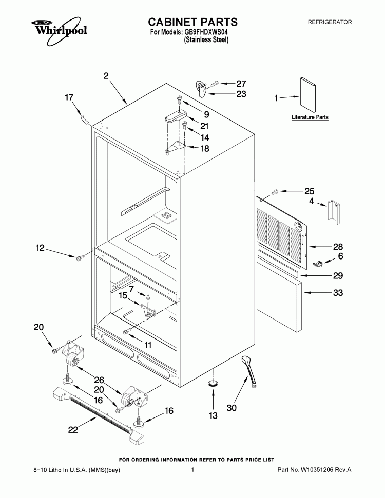 CABINET PARTS Diagram and Parts List for GB9FHDXWS04  Whirlpool Refrigerator