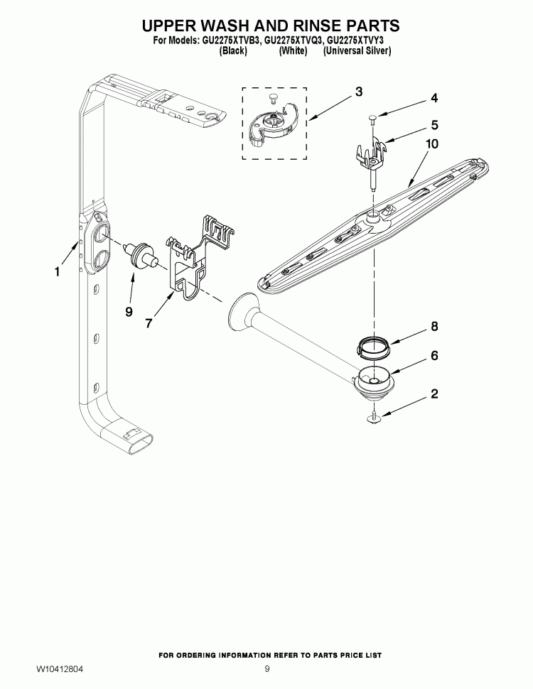 UPPER WASH AND RINSE PARTS Diagram and Parts List for GU2275XTVY3  Whirlpool Dishwasher