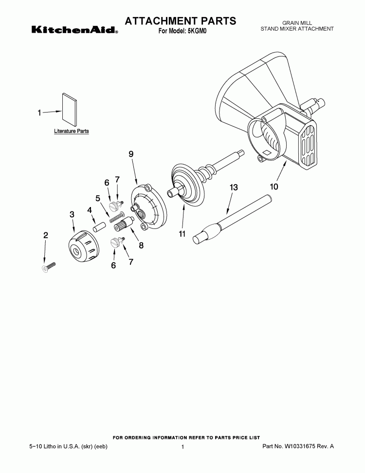 ATTACHMENT PARTS Diagram and Parts List for 5KGM0  KitchenAid Mixer