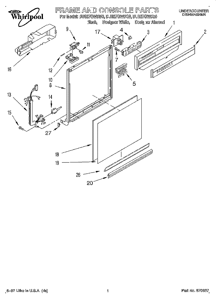 FRAME AND CONSOLE Diagram and Parts List for DU927QWDB0  Whirlpool Dishwasher