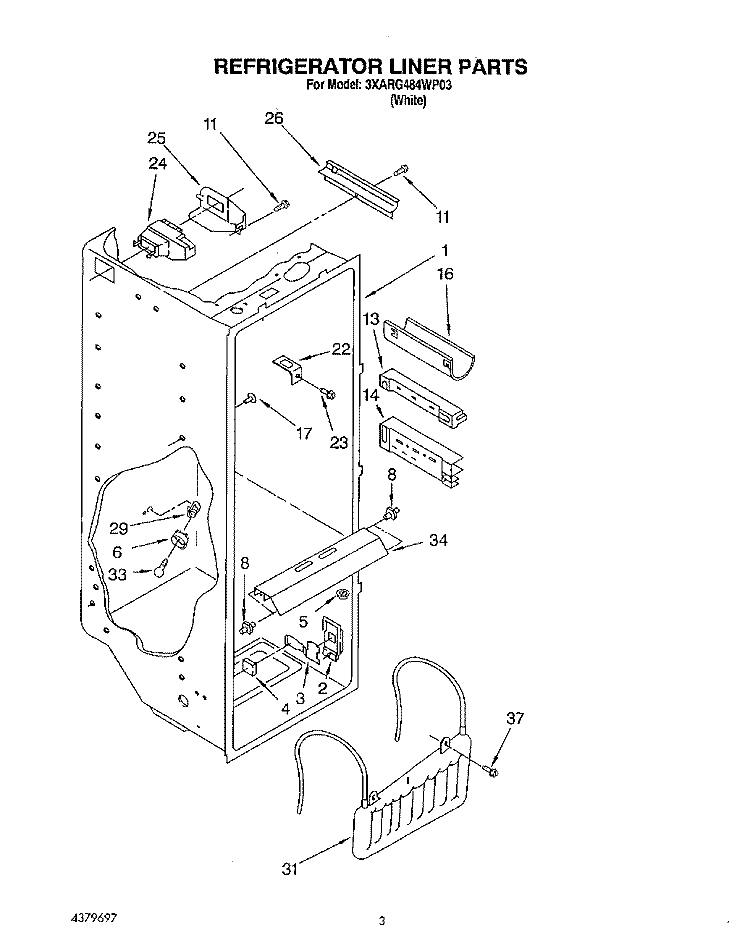 REFRIGERATOR LINER Diagram and Parts List for 3XARG484WP03  Whirlpool Refrigerator
