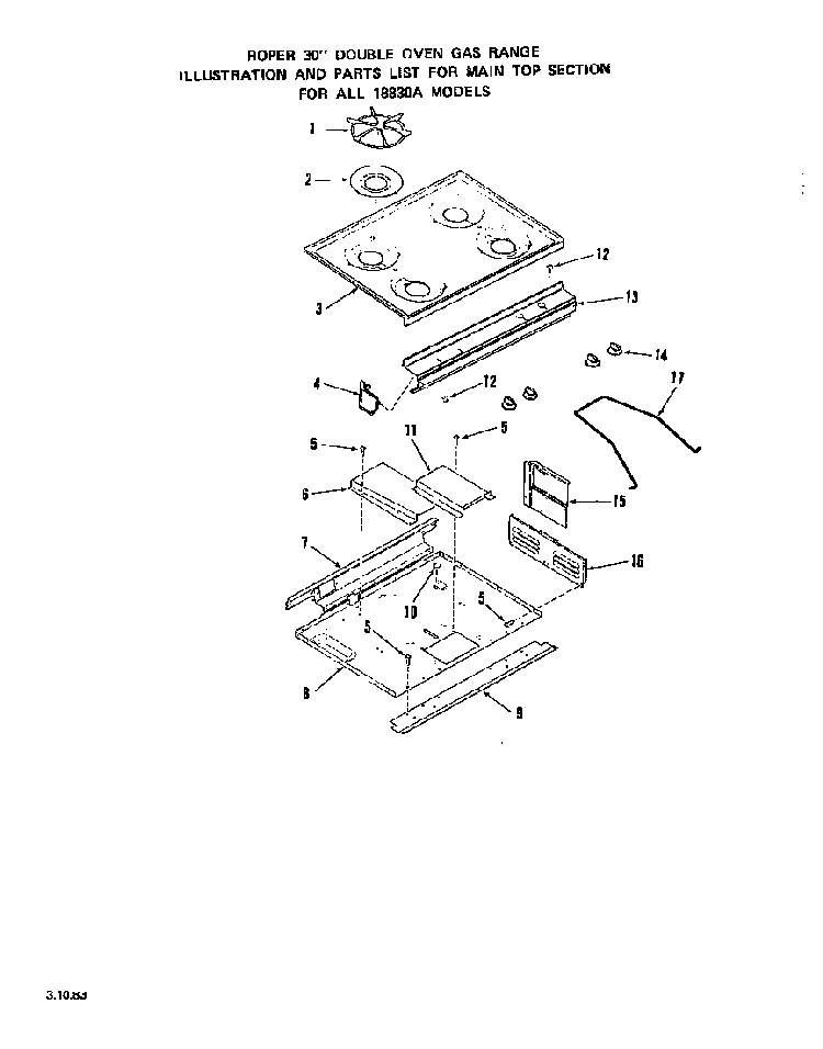 Main Top Diagram and Parts List for 1883*0A  Roper Wall Oven