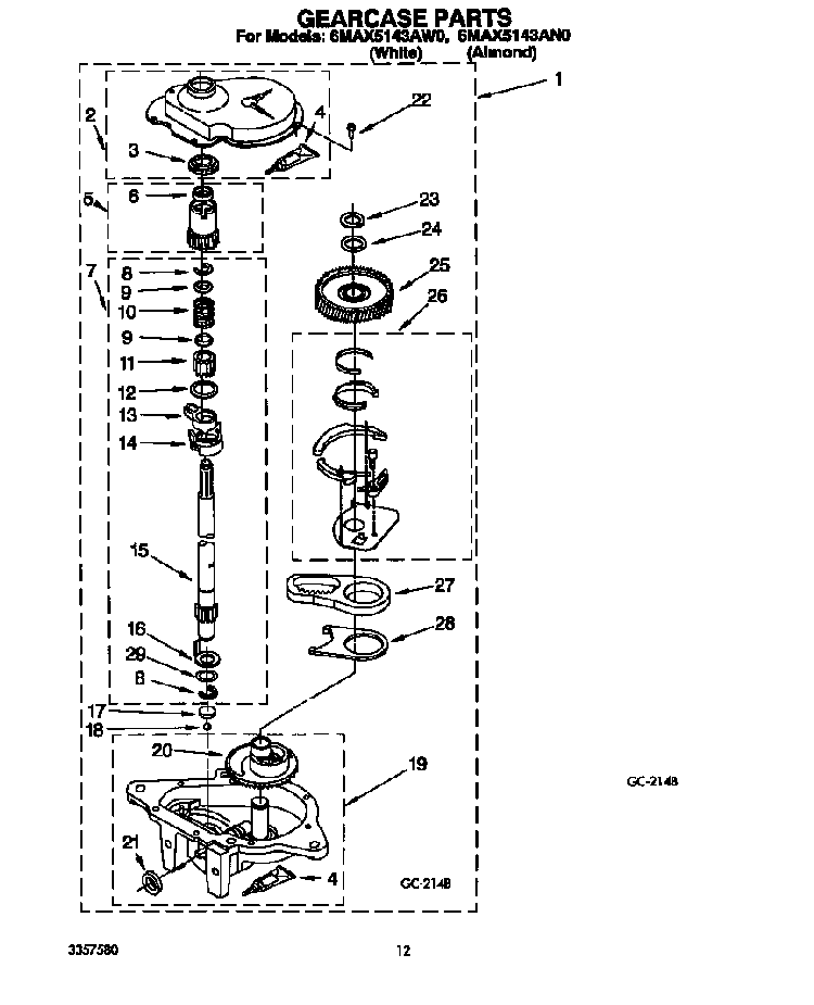 Gearcase Diagram and Parts List for 6MAX5143AN0  Whirlpool Washer