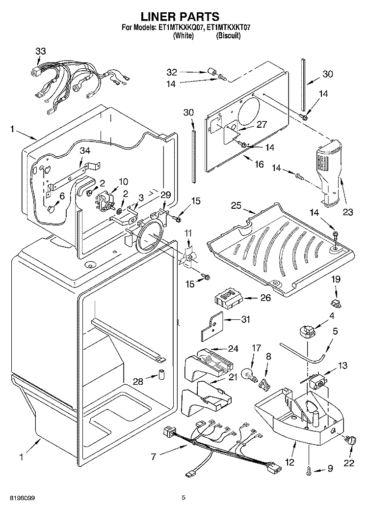 LINER Diagram and Parts List for ET1MTKXKT07  Whirlpool Refrigerator