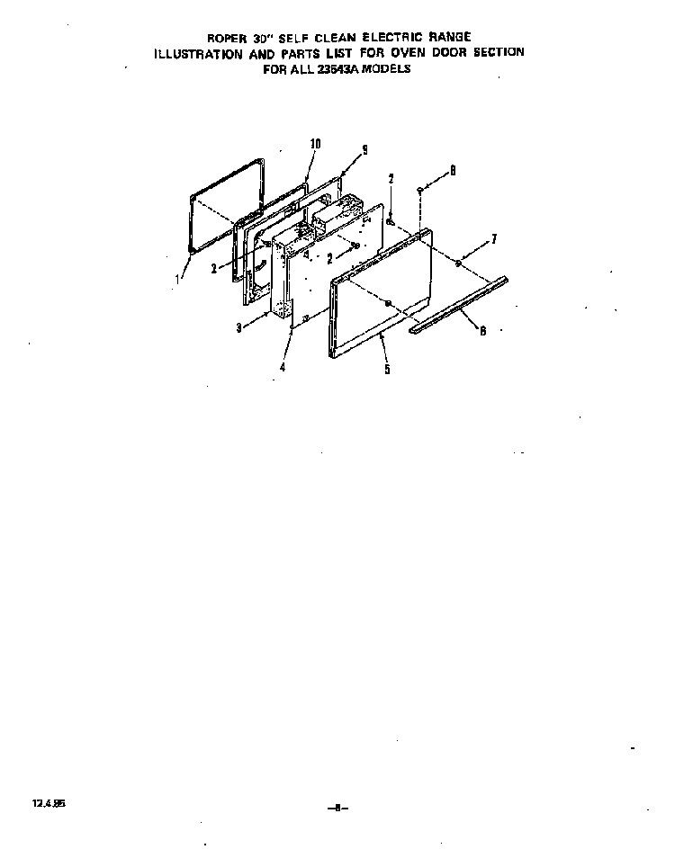 Oven Door Diagram and Parts List for 2354*3A  Roper Range
